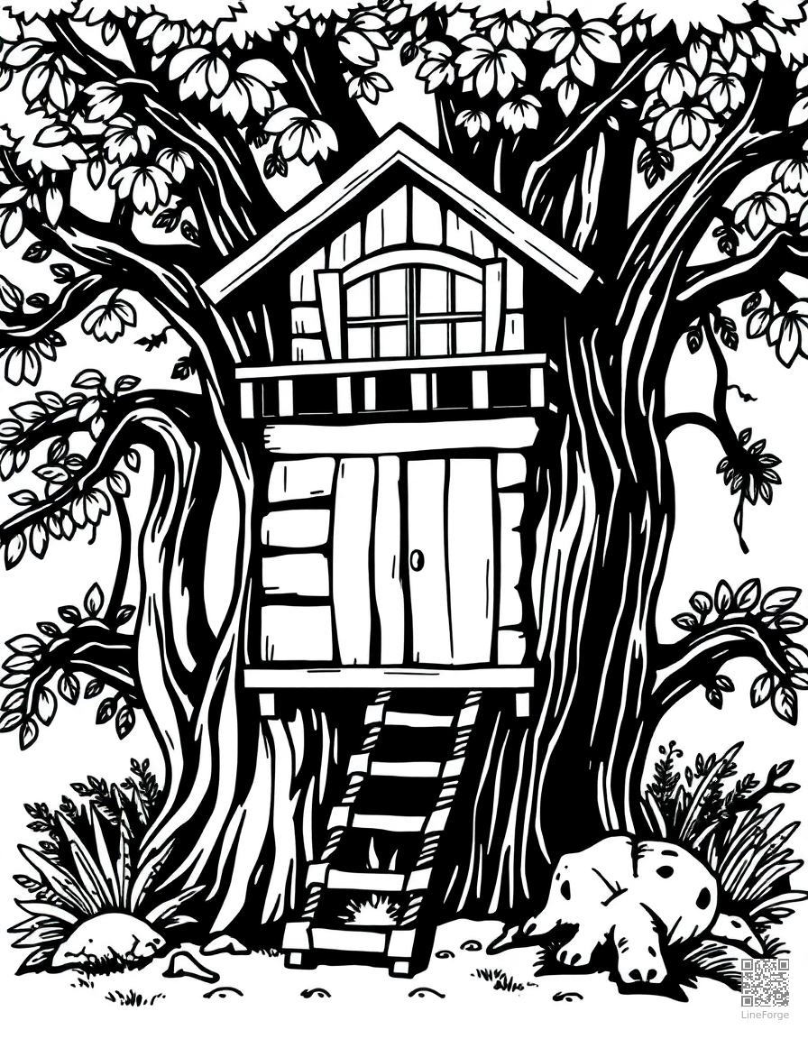 summer treehouse with rope ladder coloring page Woodcut style - free printable