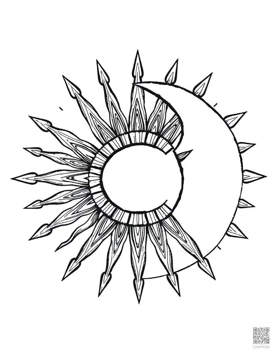 sun and moon mandala yin yang design coloring page Crosshatch style - free printable