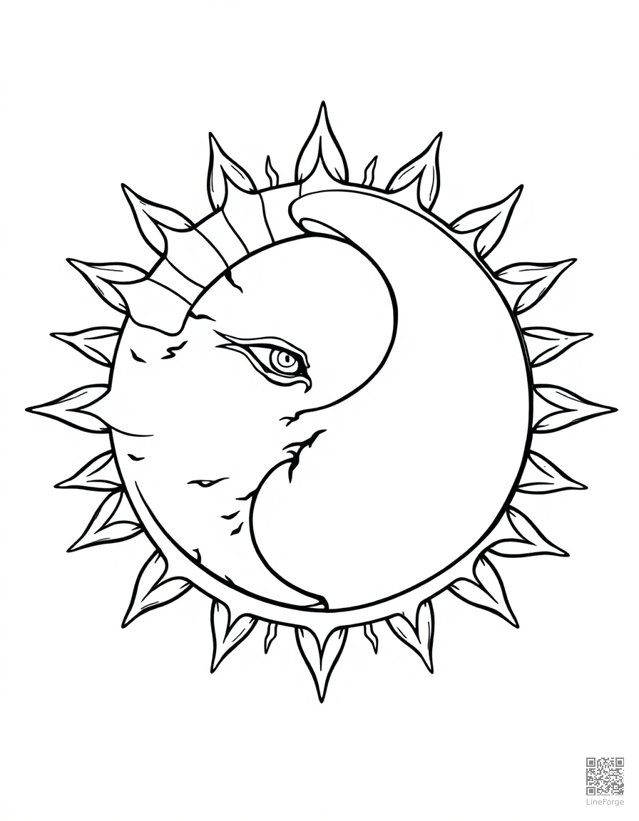 sun and moon mandala yin yang design coloring page Manga style - free printable