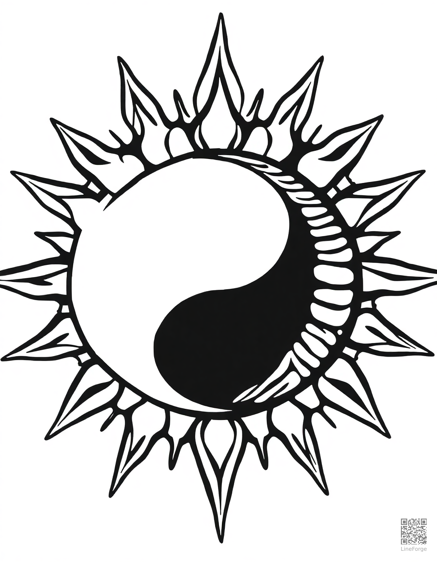 sun and moon mandala yin yang design coloring page Woodcut style - free printable