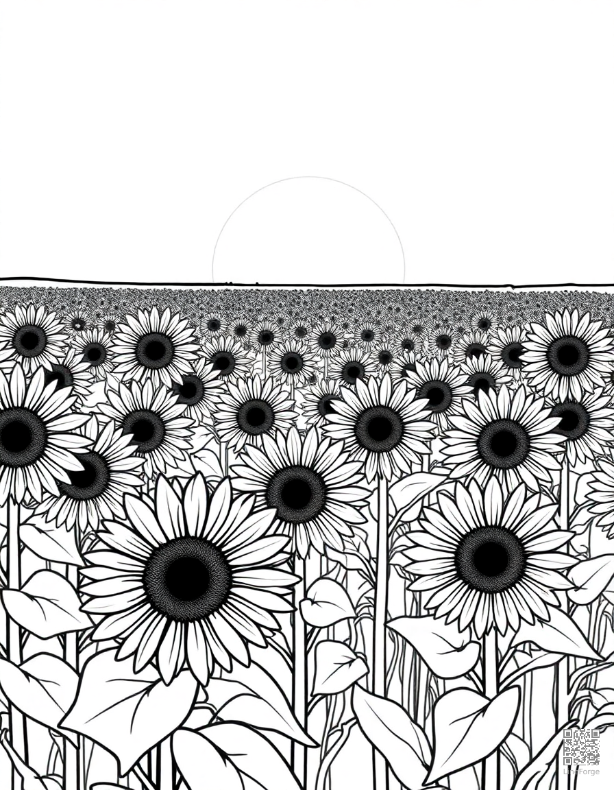 Sunflower field stretching to the horizon coloring page Contour style - free printable