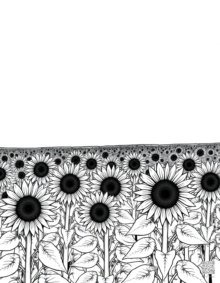 Sunflower field stretching to the horizon coloring page Crosshatch style - free printable