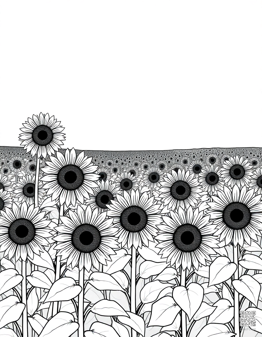 Sunflower field stretching to the horizon coloring page Manga style - free printable