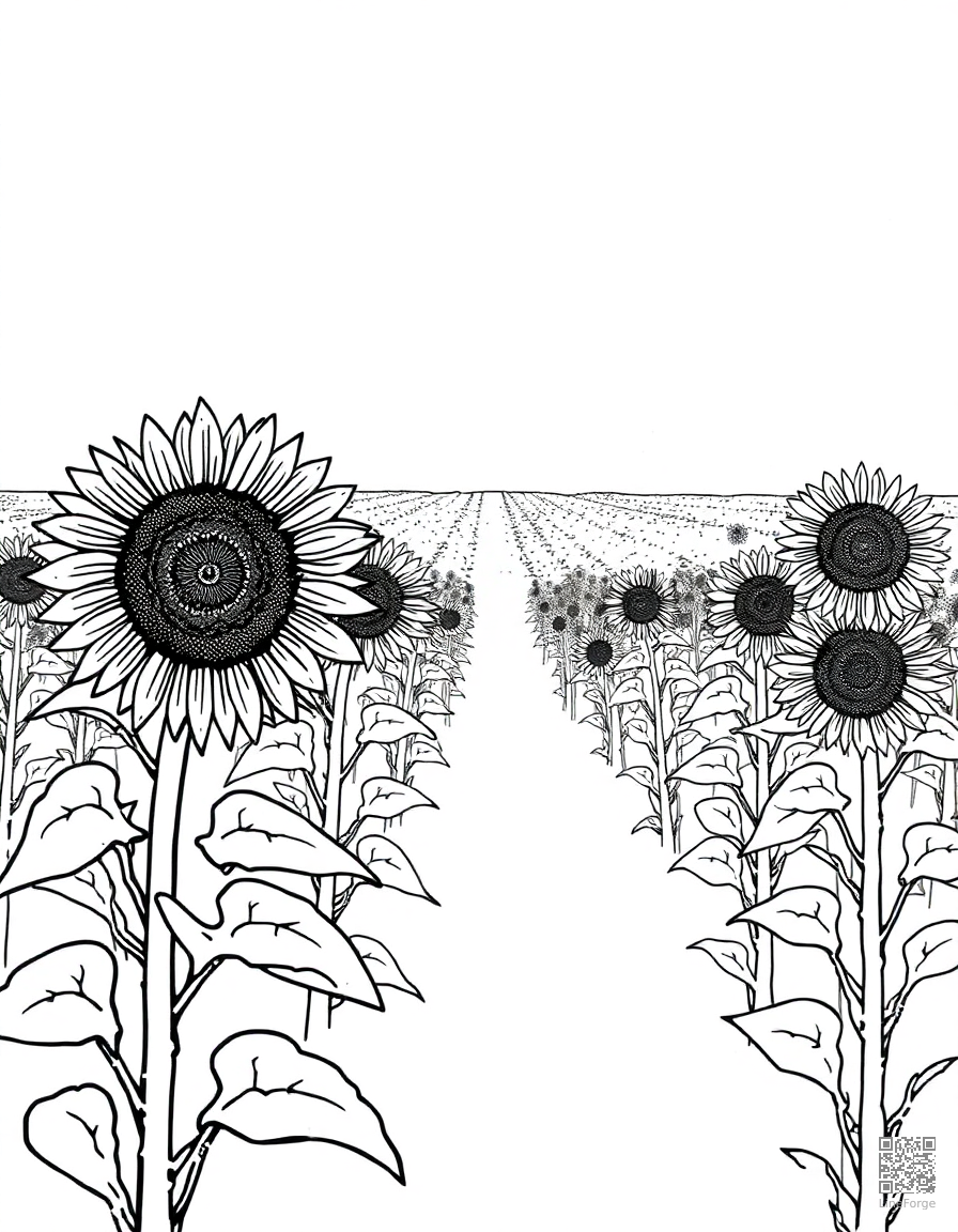 Sunflower field stretching to the horizon coloring page Stipple style - free printable