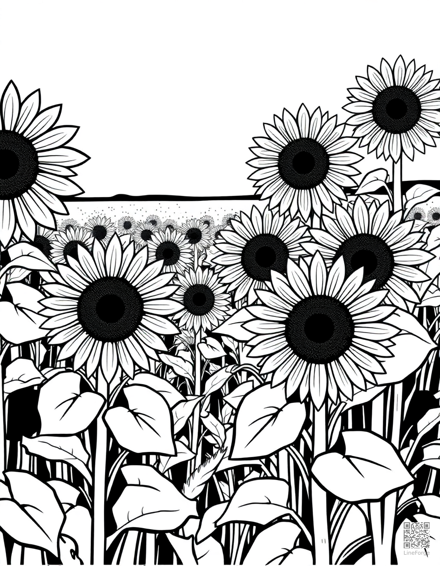 Sunflower field stretching to the horizon coloring page Woodcut style - free printable