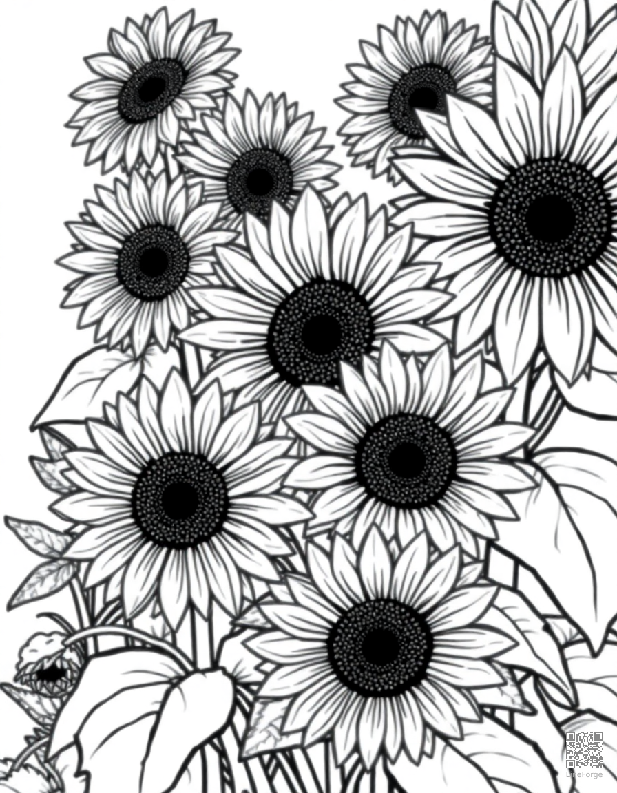 sunflower garden in full summer bloom coloring page Contour style - free printable