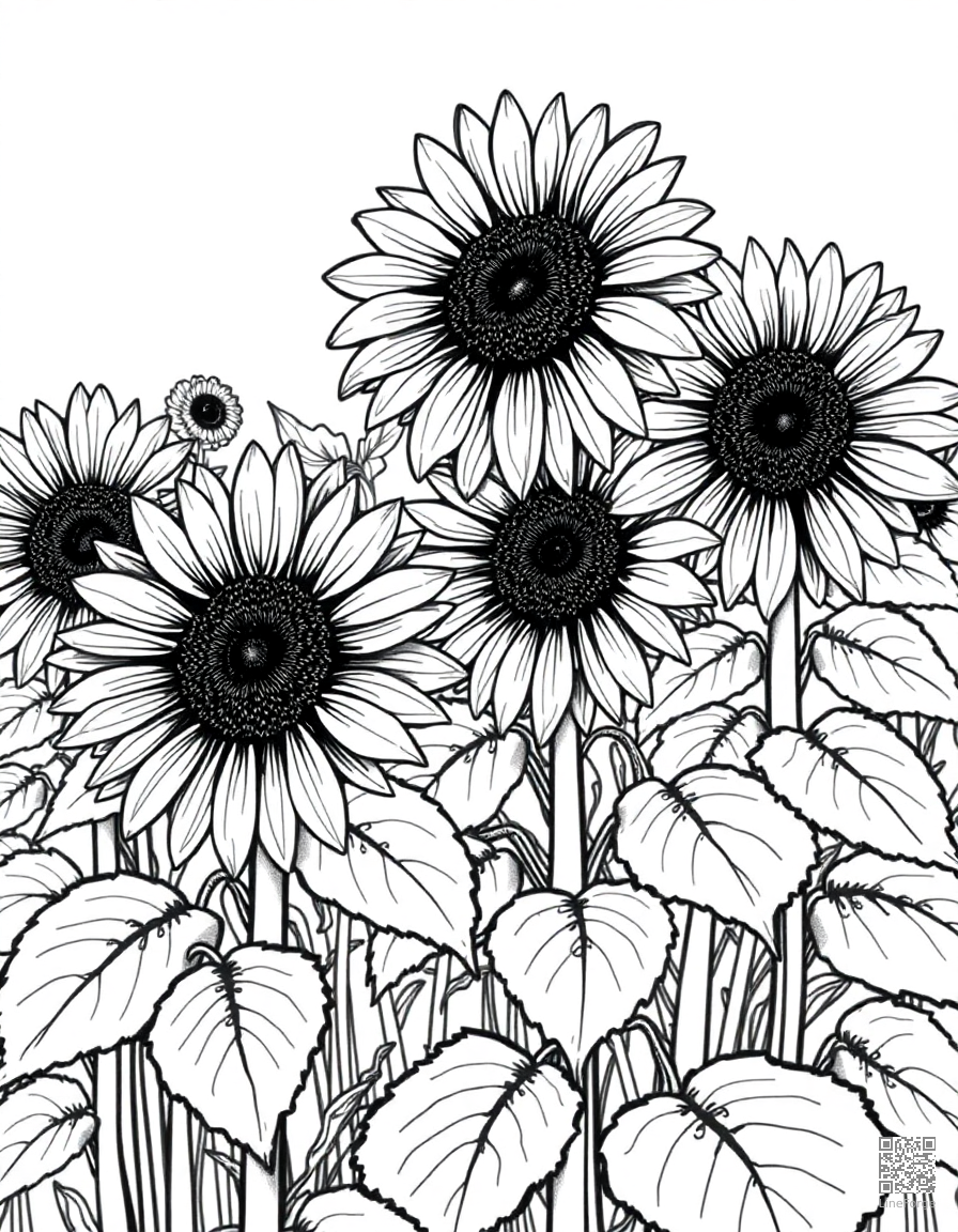 sunflower garden in full summer bloom coloring page Crosshatch style - free printable