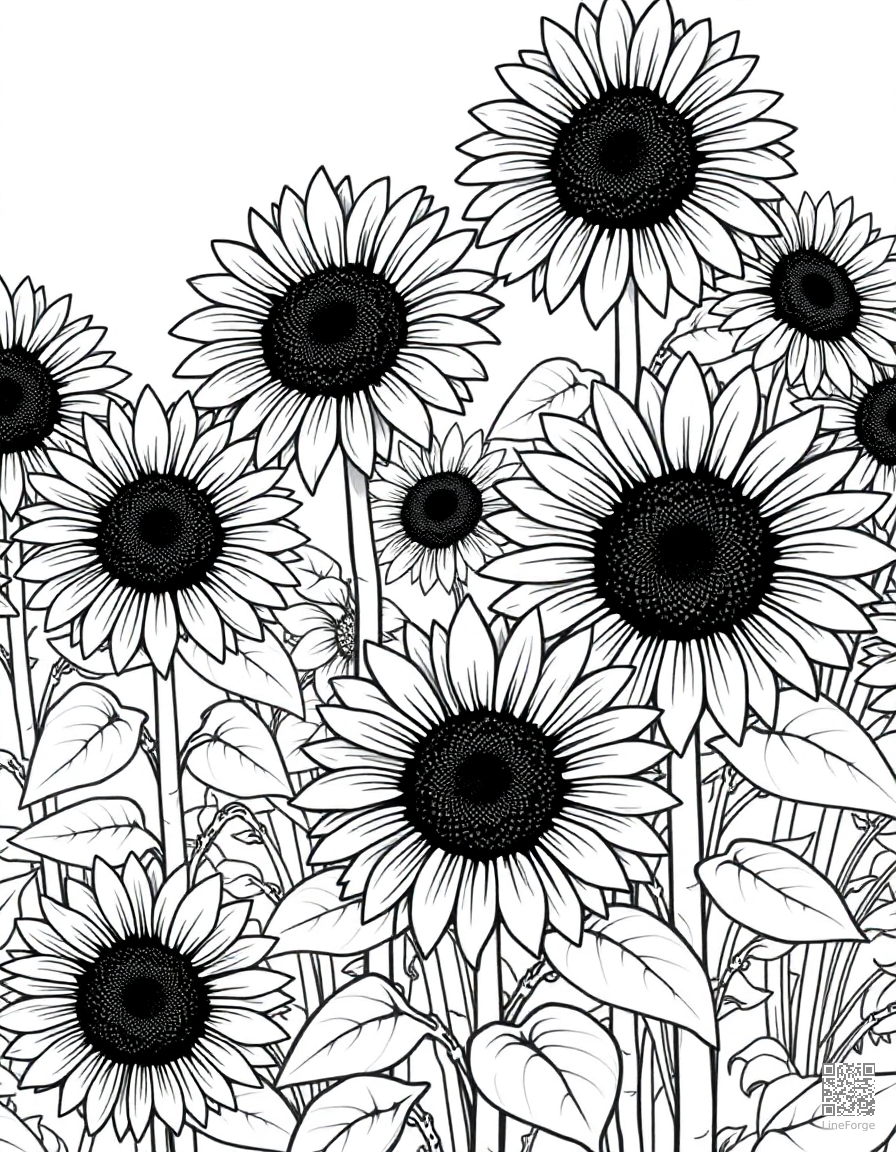 sunflower garden in full summer bloom coloring page Manga style - free printable