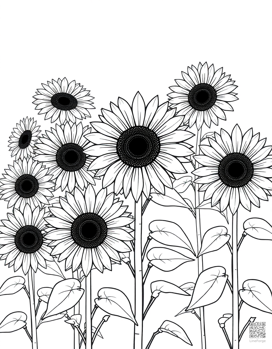 sunflower garden in full summer bloom coloring page Minimal style - free printable