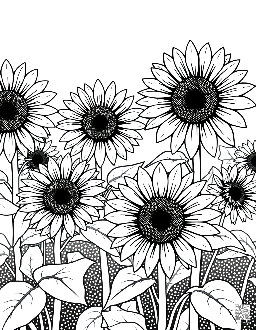 sunflower garden in full summer bloom coloring page Stipple style - free printable
