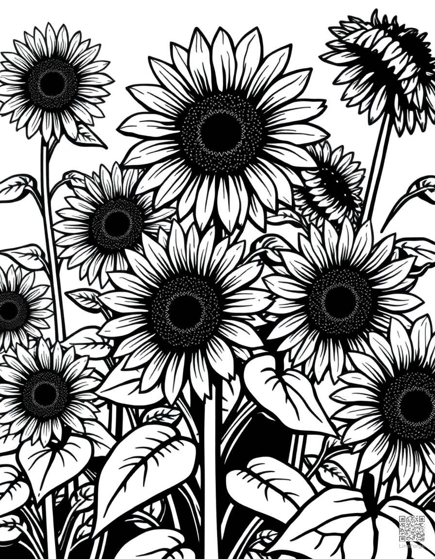 sunflower garden in full summer bloom coloring page Woodcut style - free printable