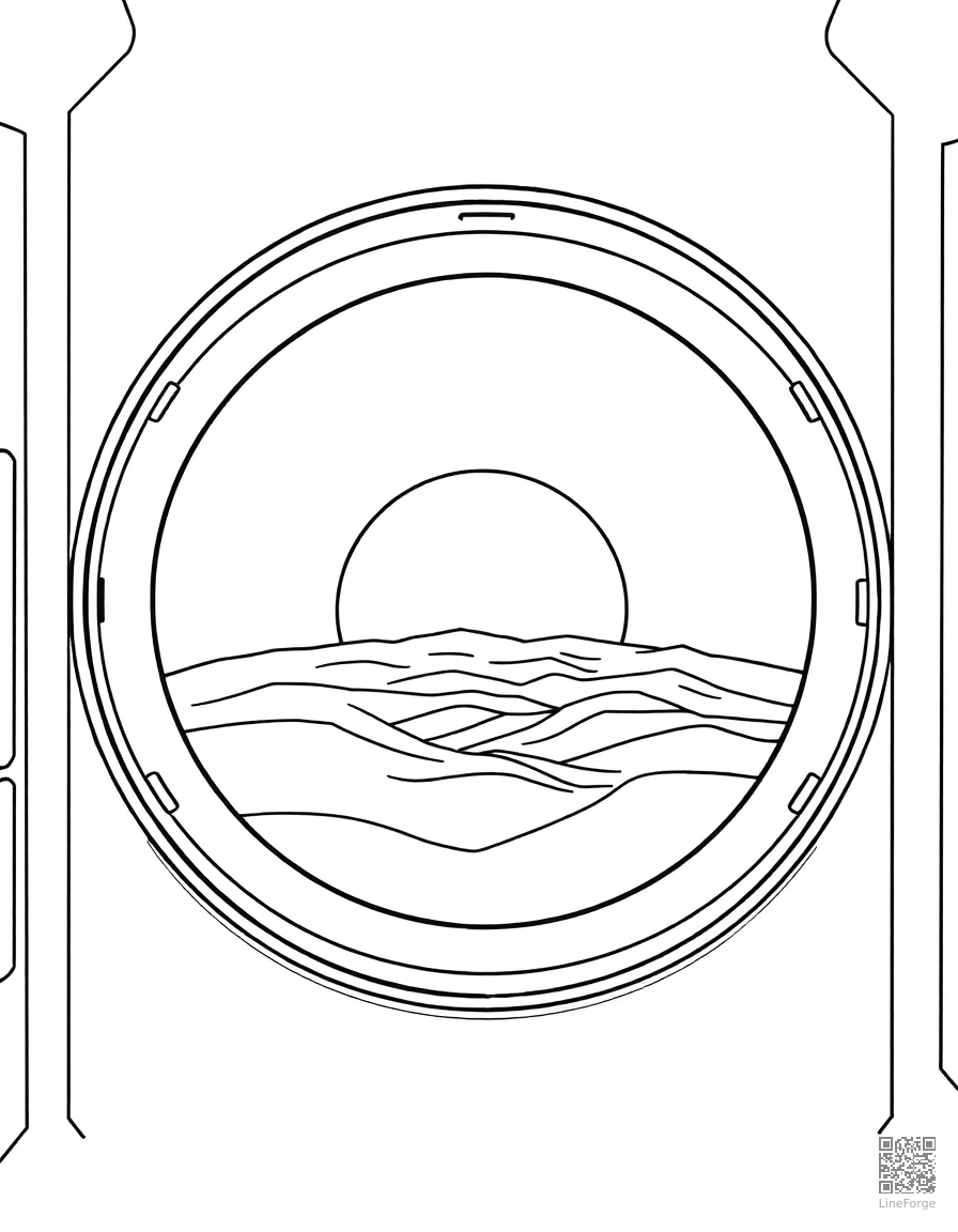 sunrise seen from space station window coloring page Contour style free printable