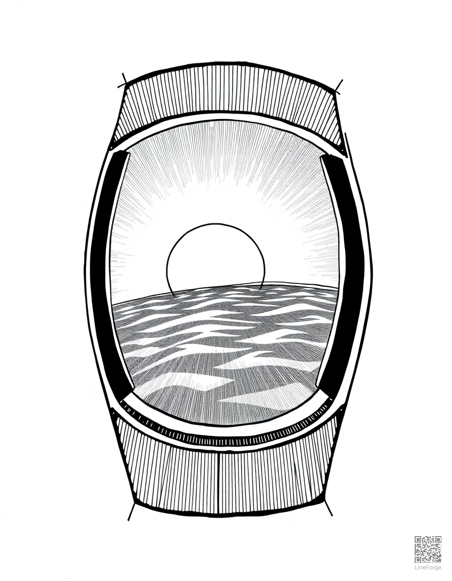 sunrise seen from space station window coloring page Crosshatch style free printable