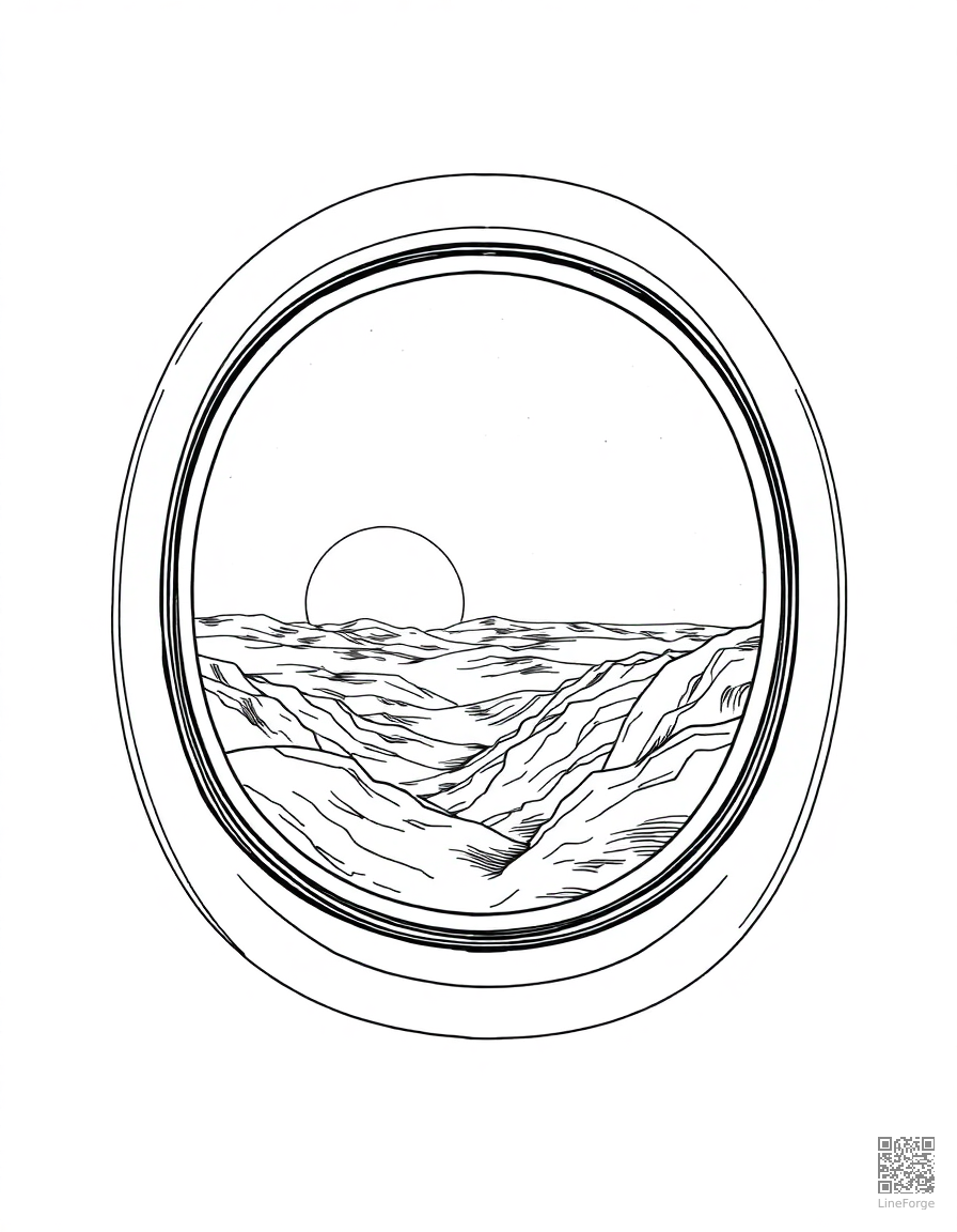 sunrise seen from space station window coloring page Manga style free printable