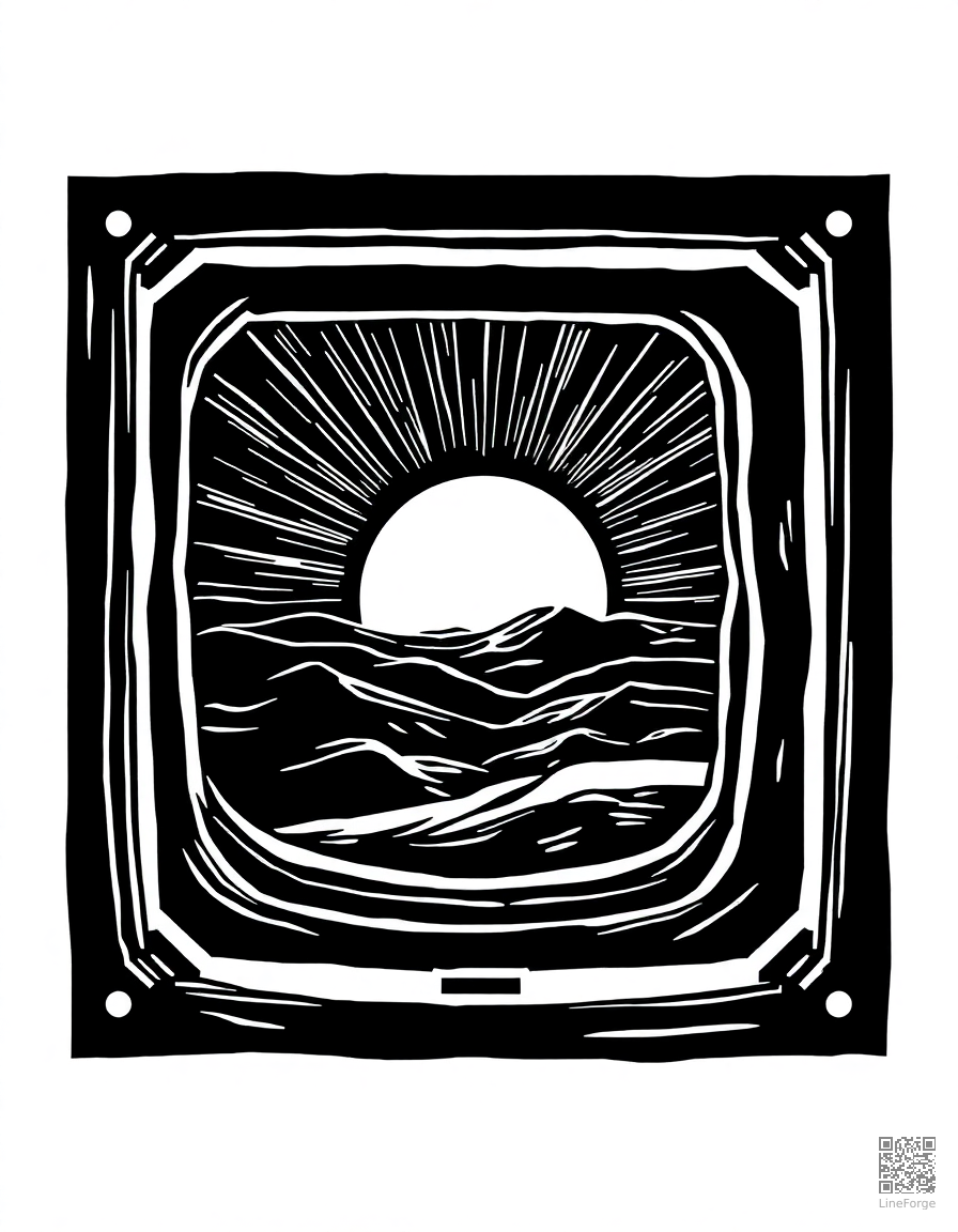 sunrise seen from space station window coloring page Woodcut style free printable