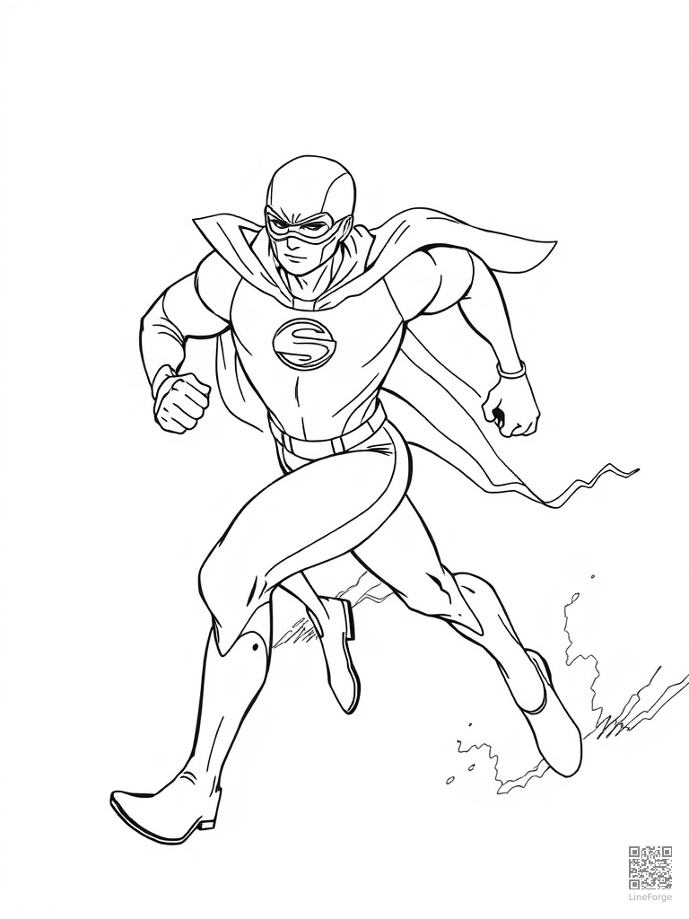 Free super-speed hero running with lightning trail behind coloring page in contour style — printable line art