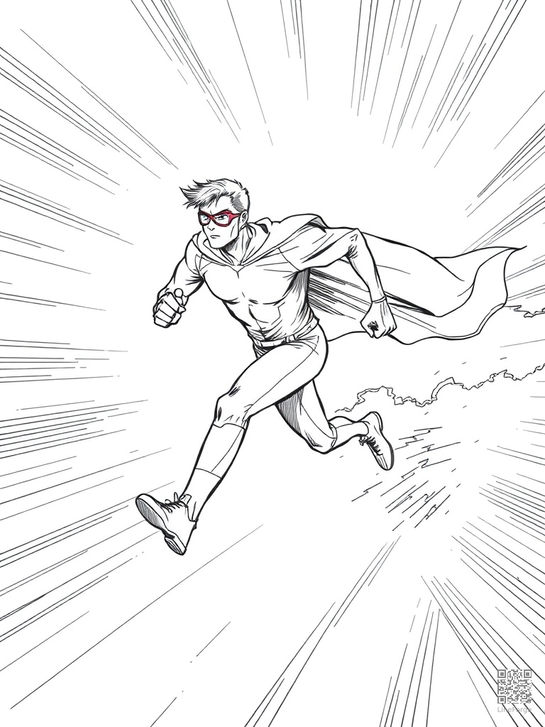 Super-speed hero running with lightning trail behind coloring page Crosshatch style free printable