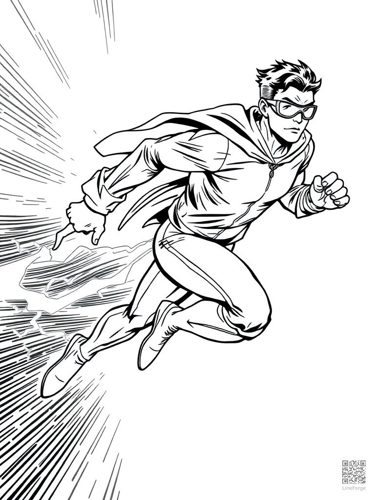 Free super-speed hero running with lightning trail behind coloring page in manga style — printable line art