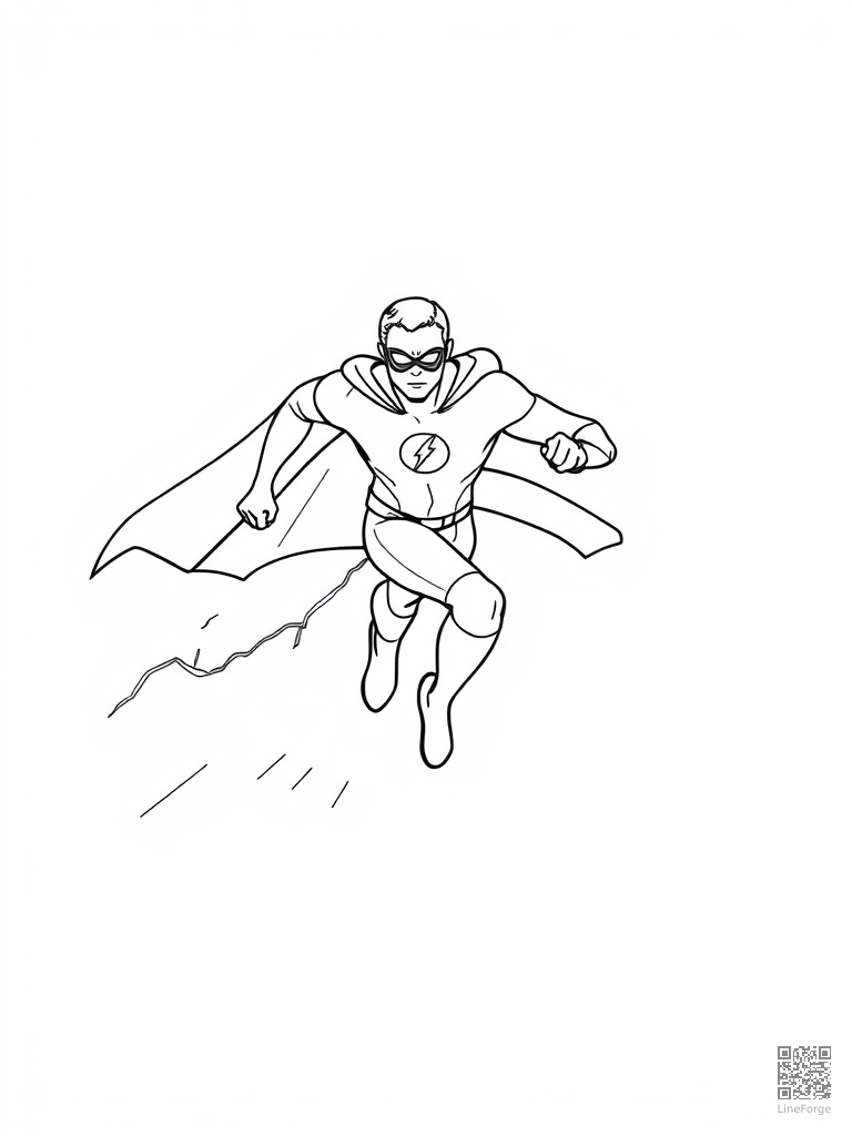 Free super-speed hero running with lightning trail behind coloring page in minimal style — printable line art