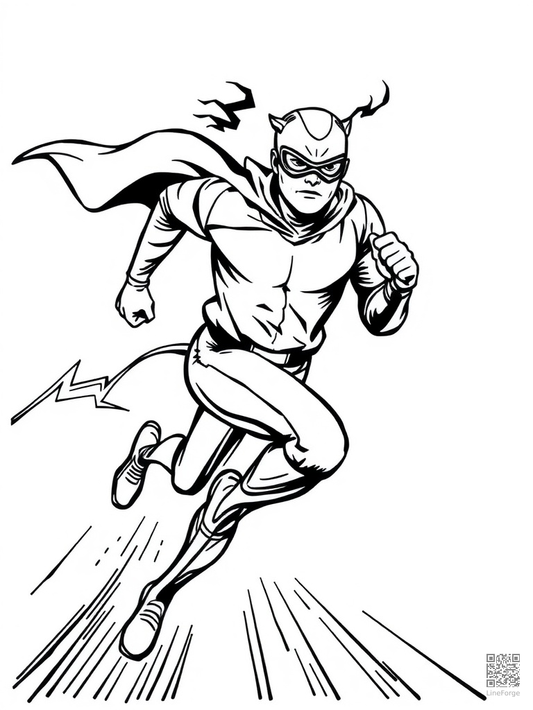 Free super-speed hero running with lightning trail behind coloring page in woodcut style — printable line art