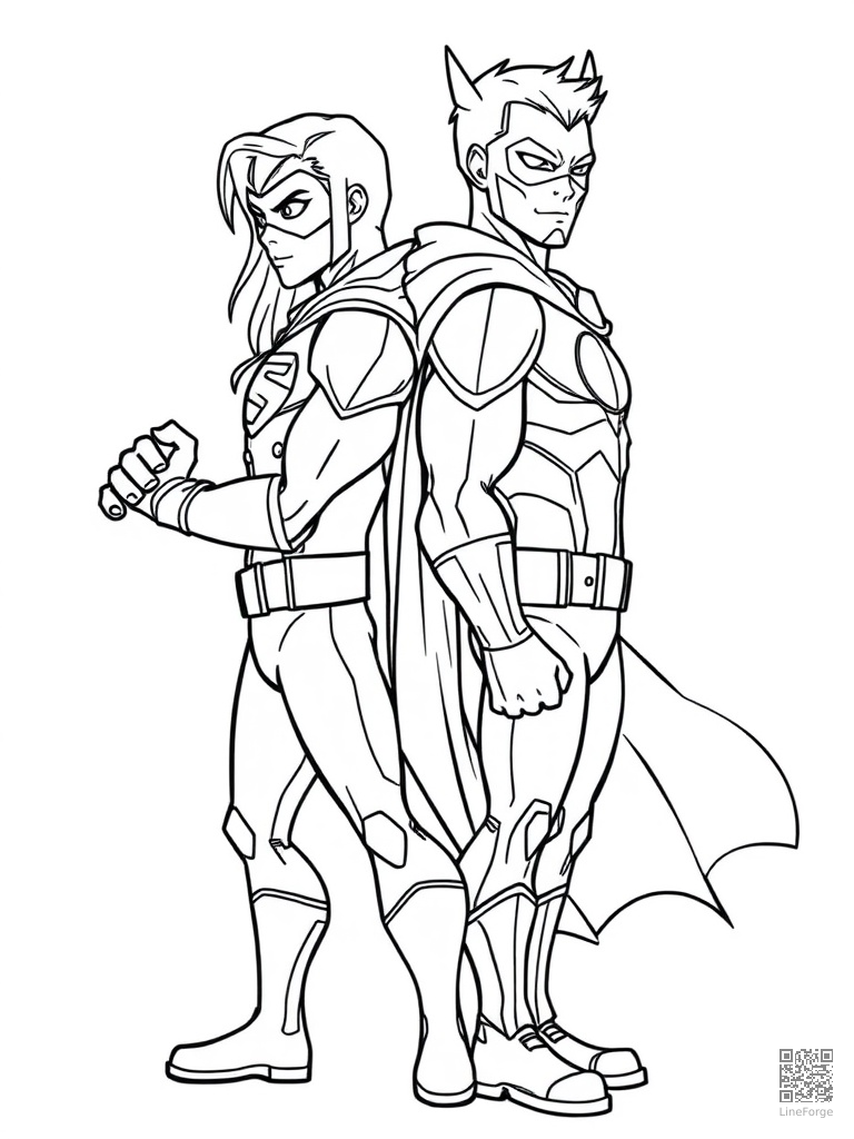 Superhero duo back-to-back ready for battle coloring page Contour style - free printable