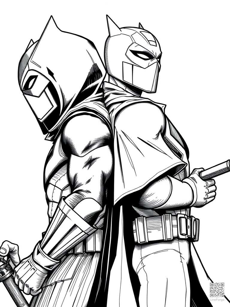 Superhero duo back-to-back ready for battle coloring page Crosshatch style - free printable