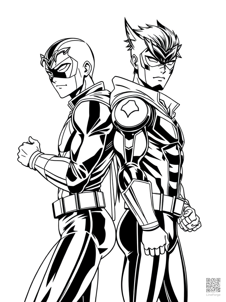 Superhero duo back-to-back ready for battle coloring page Manga style - free printable