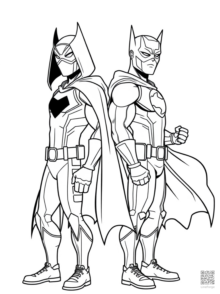Superhero duo back-to-back ready for battle coloring page Minimal style - free printable