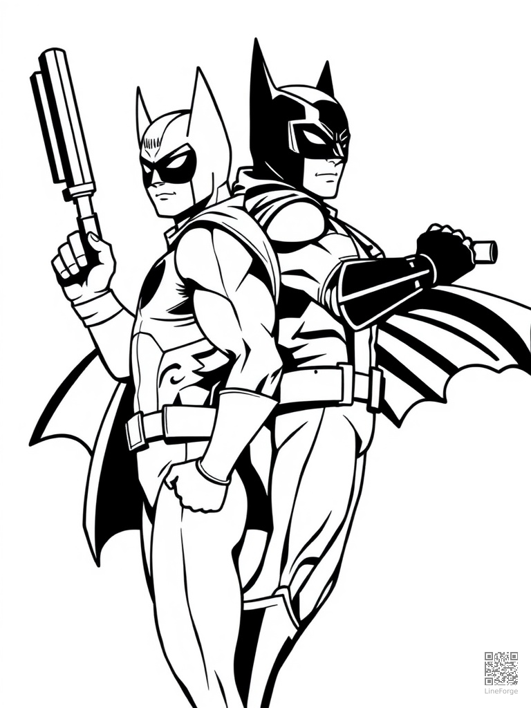 Superhero duo back-to-back ready for battle coloring page Woodcut style - free printable