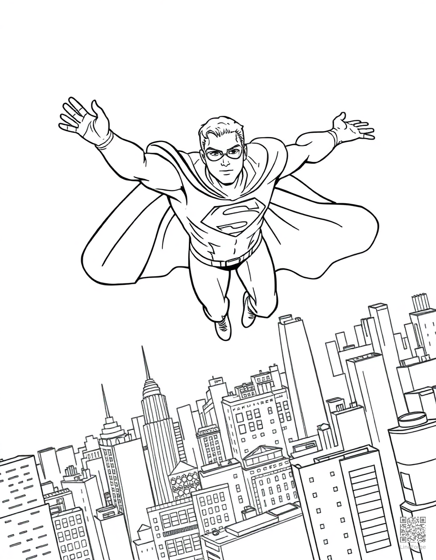 Free superhero flying over a city coloring page in contour style — printable line art