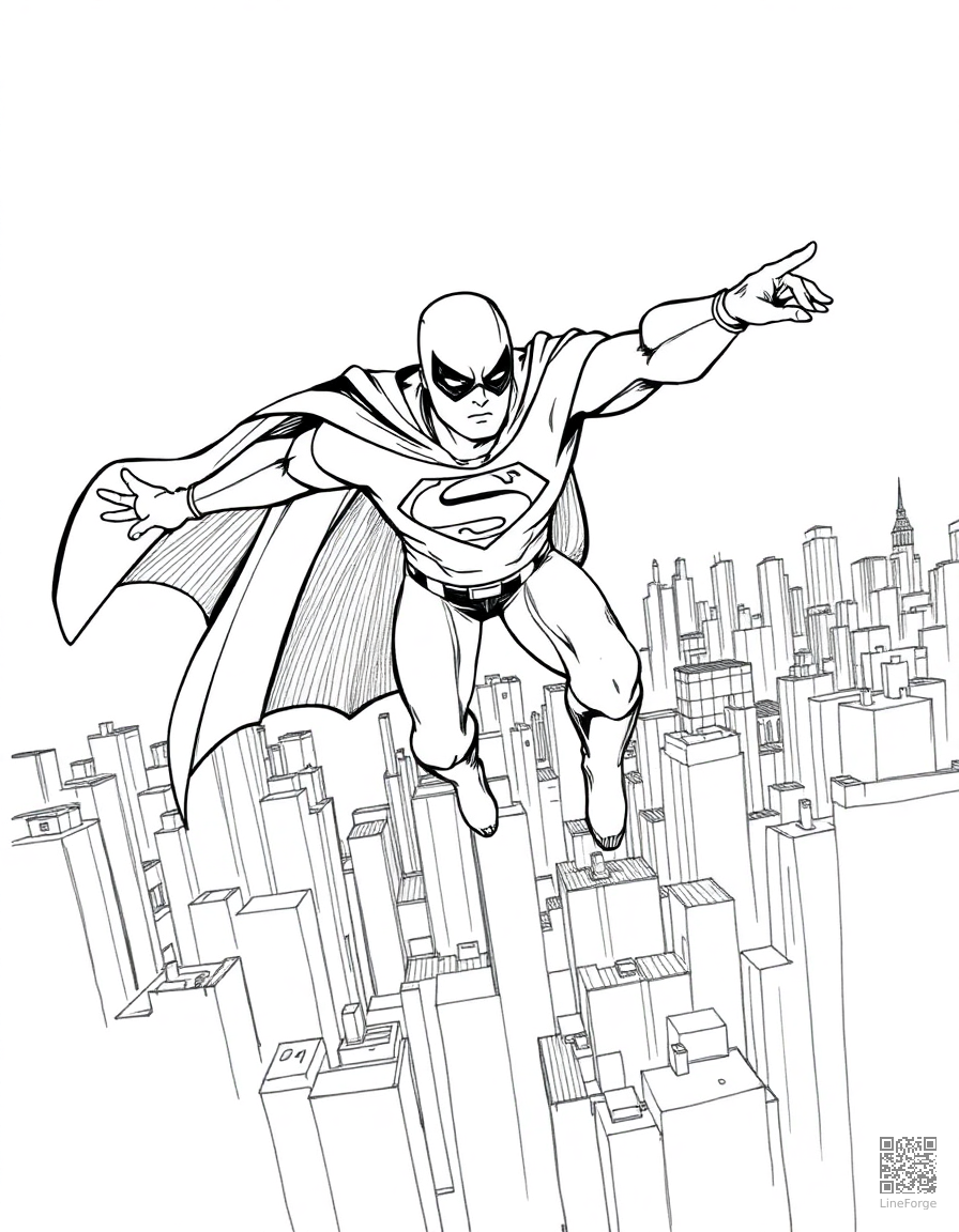 Free superhero flying over a city coloring page in crosshatch style — printable line art