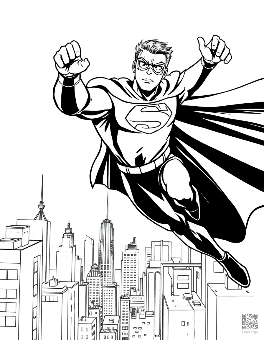 Free superhero flying over a city coloring page in manga style — printable line art
