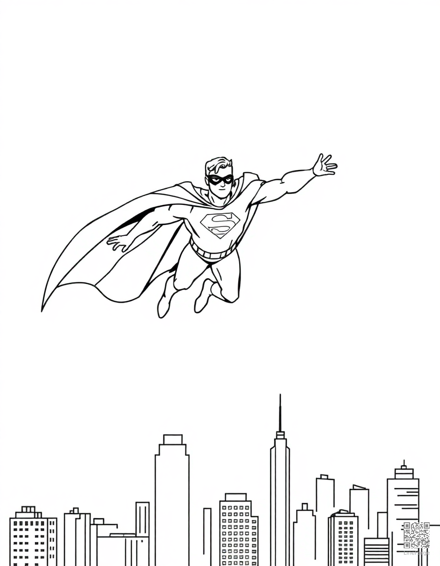 Free superhero flying over a city coloring page in minimal style — printable line art