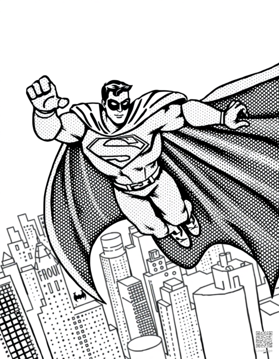 Superhero flying over a city coloring page Stipple style free printable