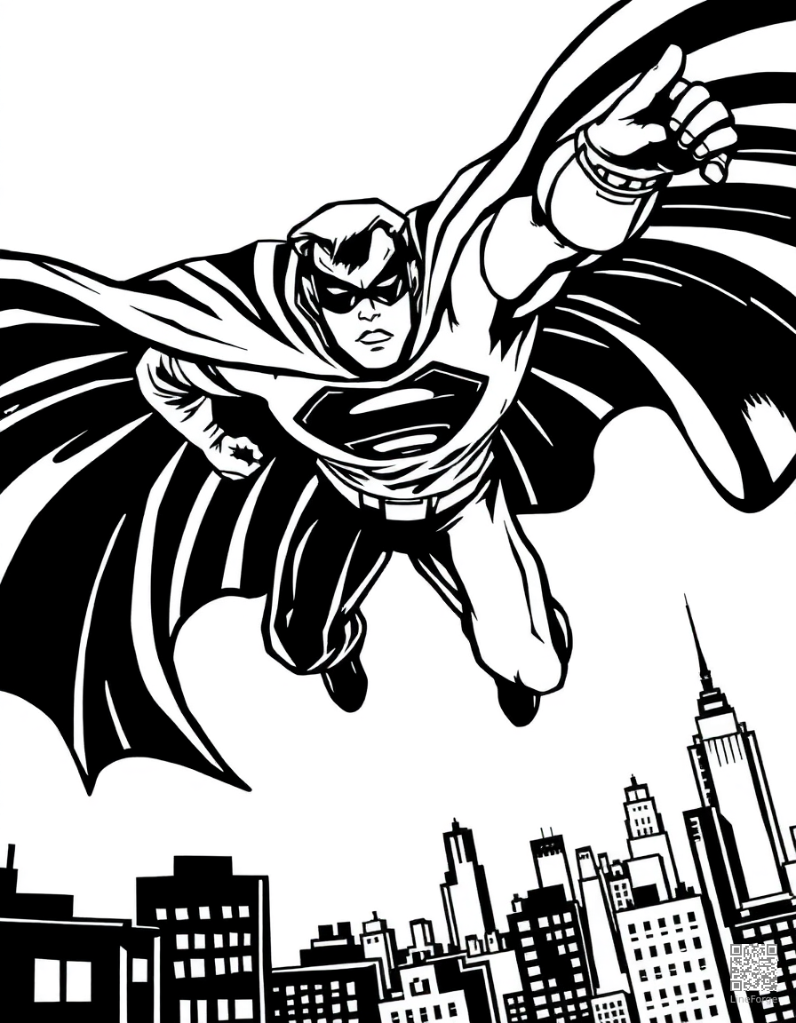 Free superhero flying over a city coloring page in woodcut style — printable line art
