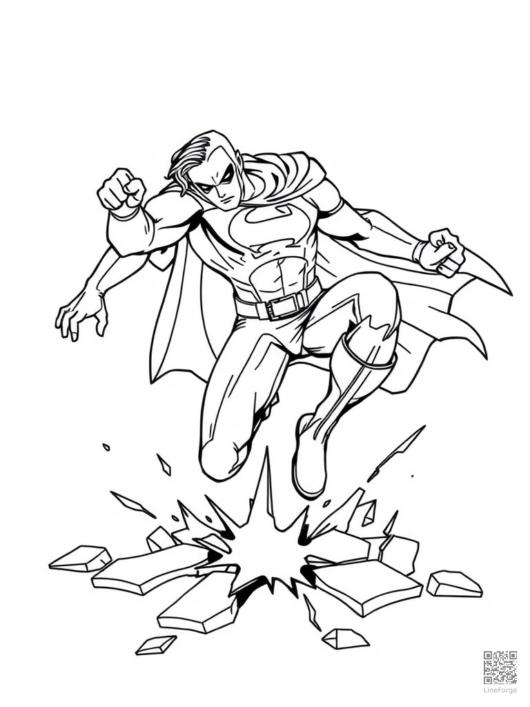 Superhero landing pose cracking the ground coloring page Contour style free printable