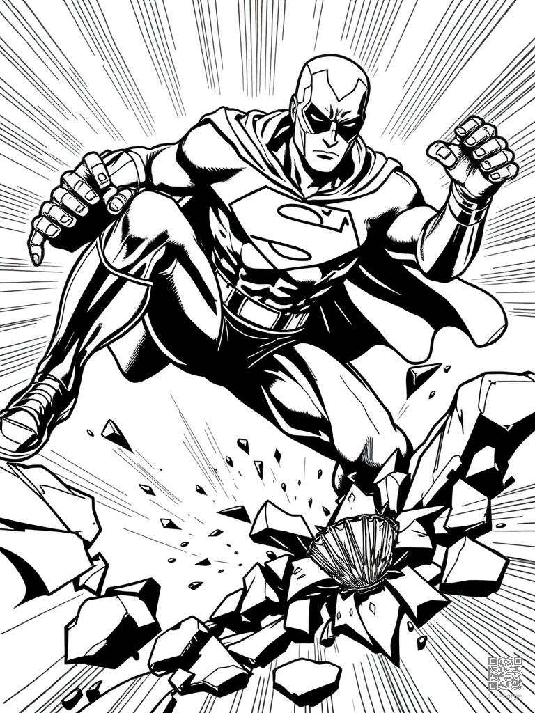 Superhero landing pose cracking the ground coloring page Crosshatch style free printable