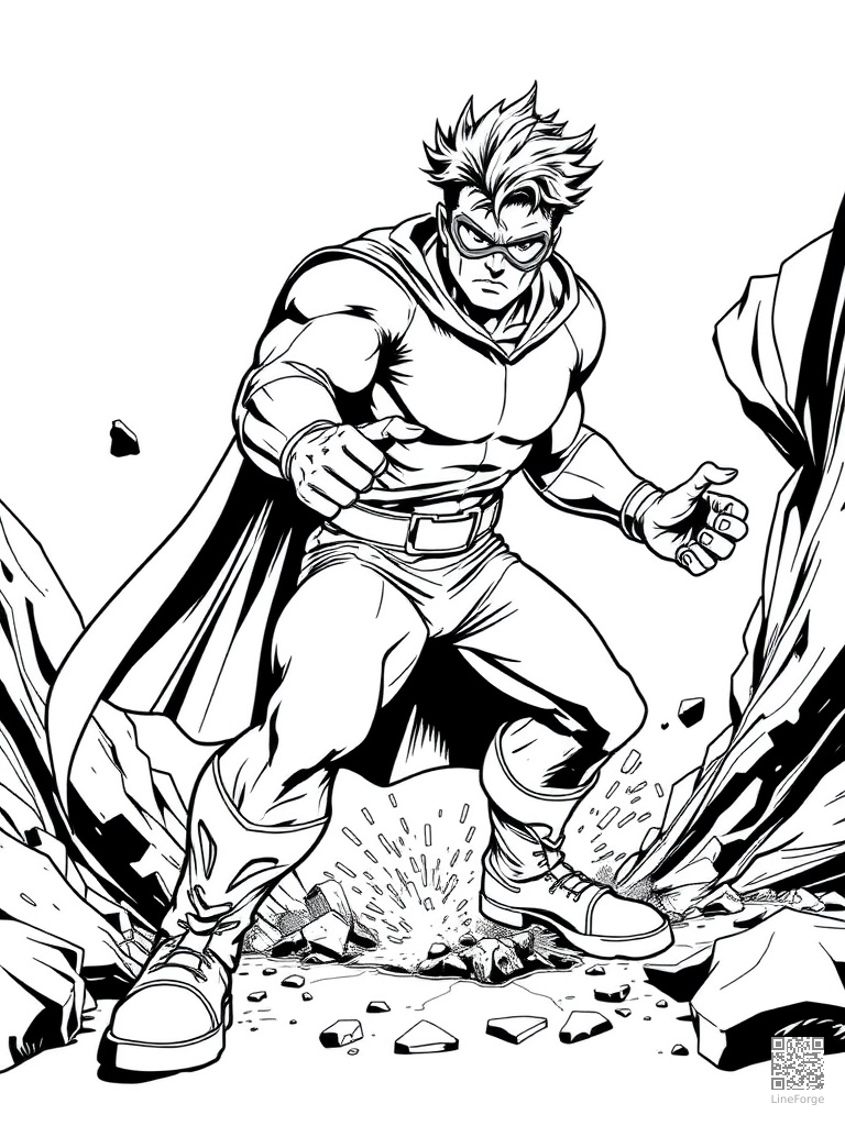 Superhero landing pose cracking the ground coloring page Manga style - free printable