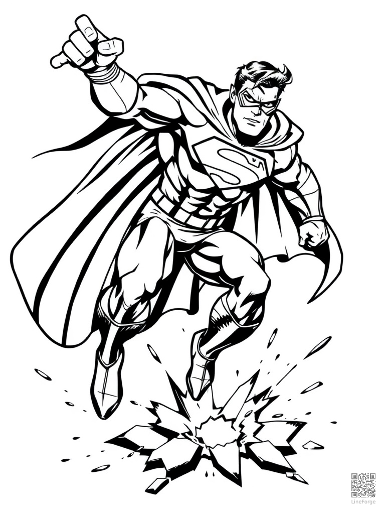 Superhero landing pose cracking the ground coloring page Woodcut style - free printable