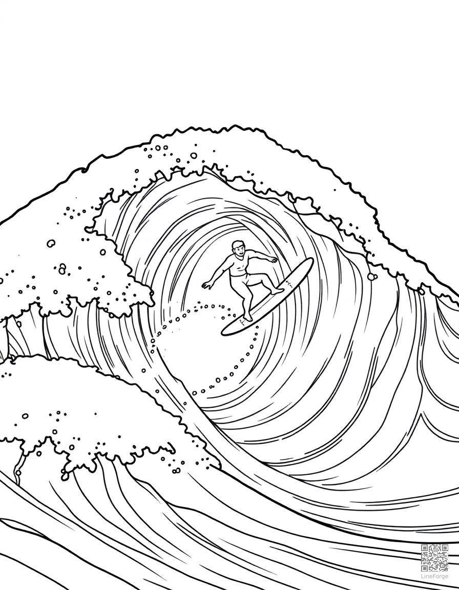 surfer riding a giant wave coloring page Contour style - free printable