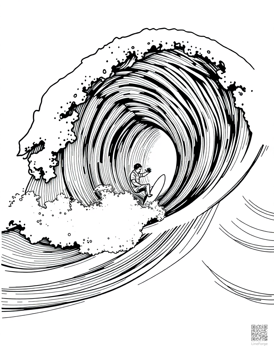 surfer riding a giant wave coloring page Crosshatch style - free printable