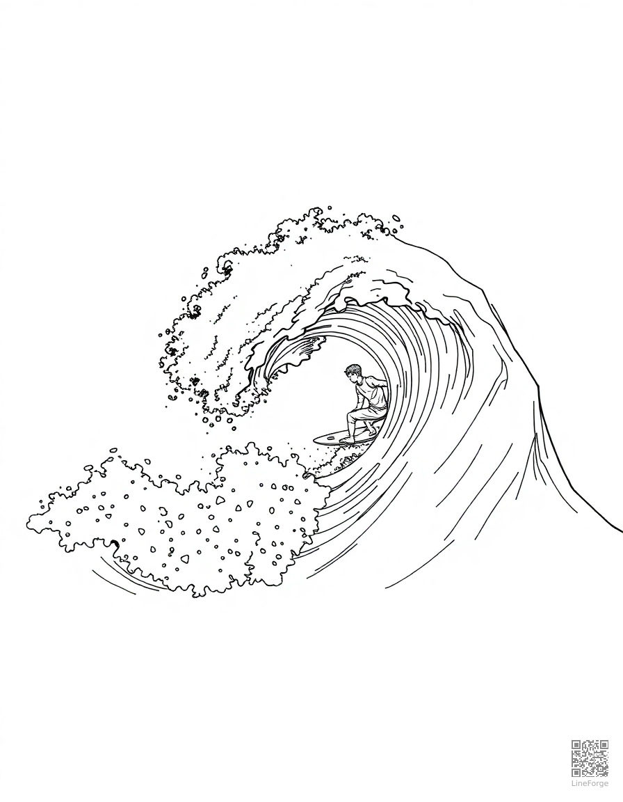 surfer riding a giant wave coloring page Manga style - free printable