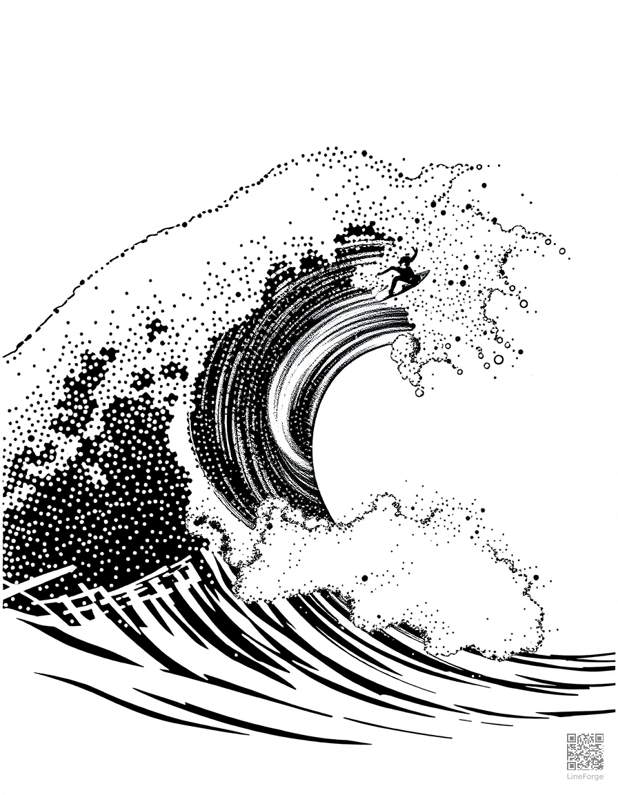surfer riding a giant wave coloring page Stipple style - free printable