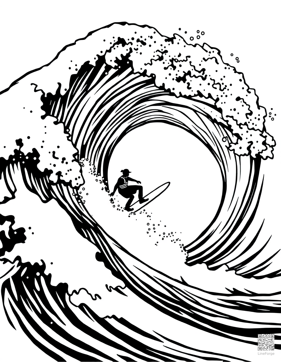 surfer riding a giant wave coloring page Woodcut style - free printable