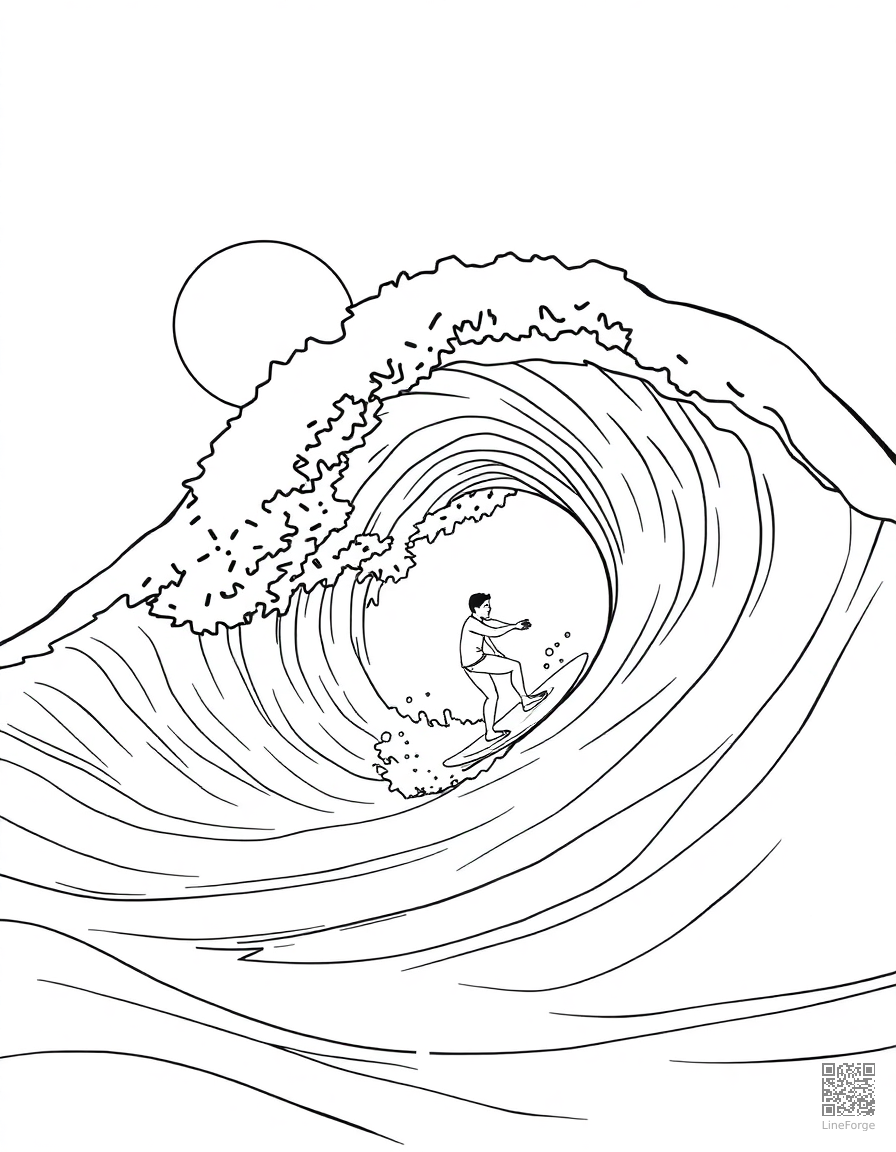 surfing a big wave on a sunny day coloring page Contour style - free printable