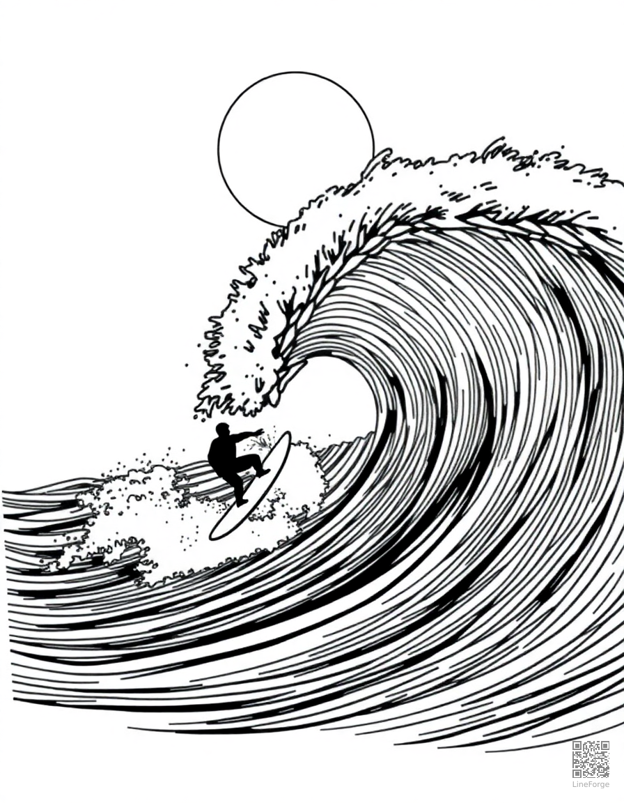 surfing a big wave on a sunny day coloring page Crosshatch style - free printable