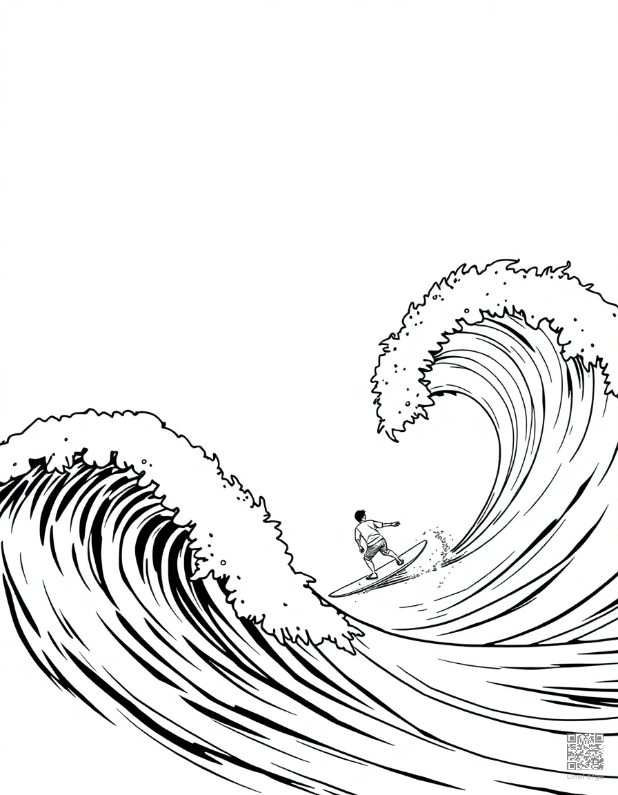 surfing a big wave on a sunny day coloring page Manga style - free printable