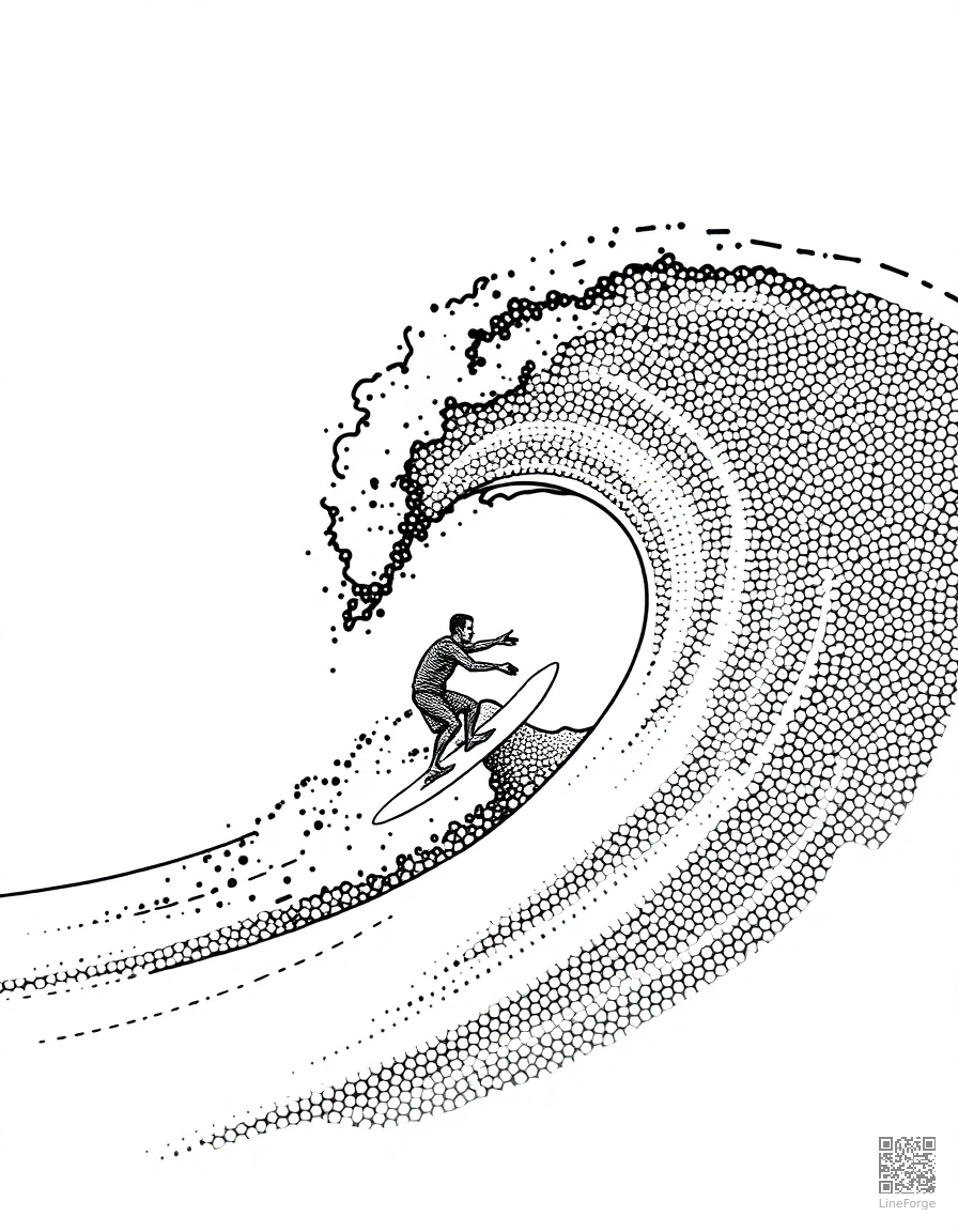 surfing a big wave on a sunny day coloring page Stipple style - free printable