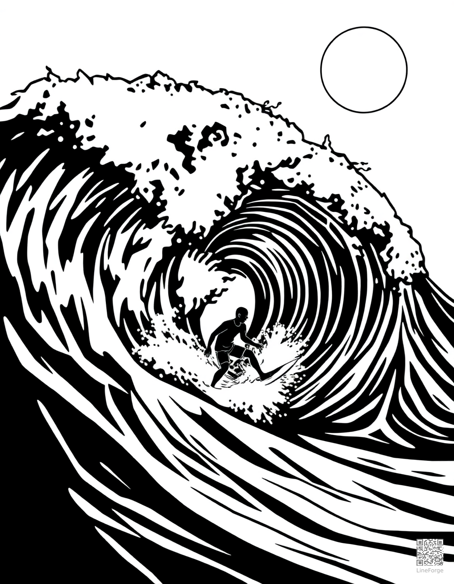 surfing a big wave on a sunny day coloring page Woodcut style - free printable