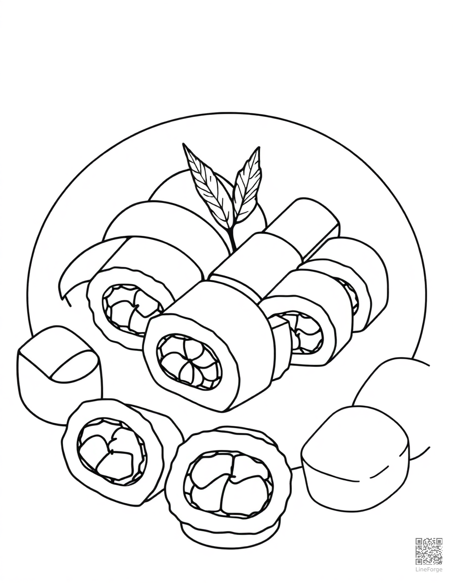 sushi platter with different rolls coloring page Contour style - free printable